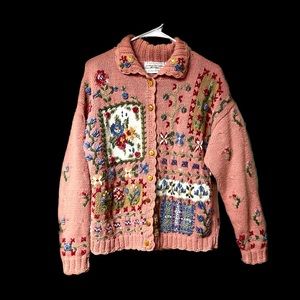 Portraits by Northern Isles Vintage Hand Knit Floral Cardigan Sweater